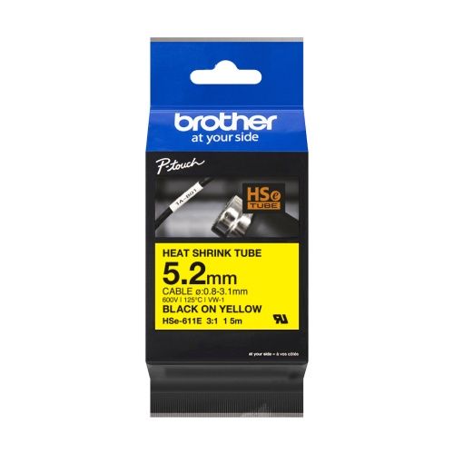 Brother HSe-611E (HSe611E) Heat Shrink Tube Ženklinimo juostelė, Black on Yellow, 5.2mm 1.5m