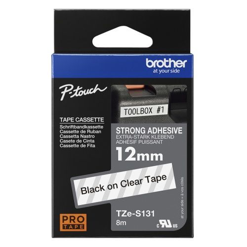 Brother TZe-S131 (TZeS131) Ženklinimo juostelė, Strong Adhesive, Black on Clear, 12mm 8m – 2