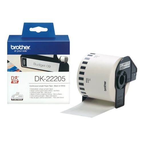 Brother DK-22205 (DK22205) Popierinių etikečių ritinėlis, Black on White, Continuous, 62mm 30.48m – 4