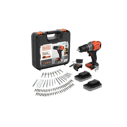 BLACK & DECKER 18V Impact Drill (with 2 x 18V 2.0Ah batteries with charge status indicator, 1A charger and 80 accessories) BCD383D2XKA-QW 2.0 Ah